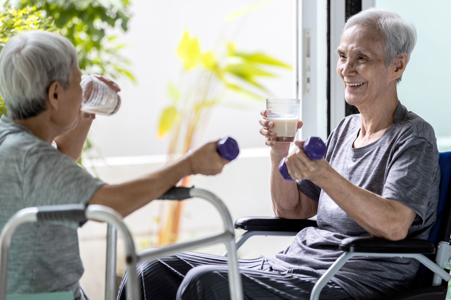 Disabled,old,elderly,people,in,a,wheelchair,drinking,beverages,dietary,supplements,healthy
