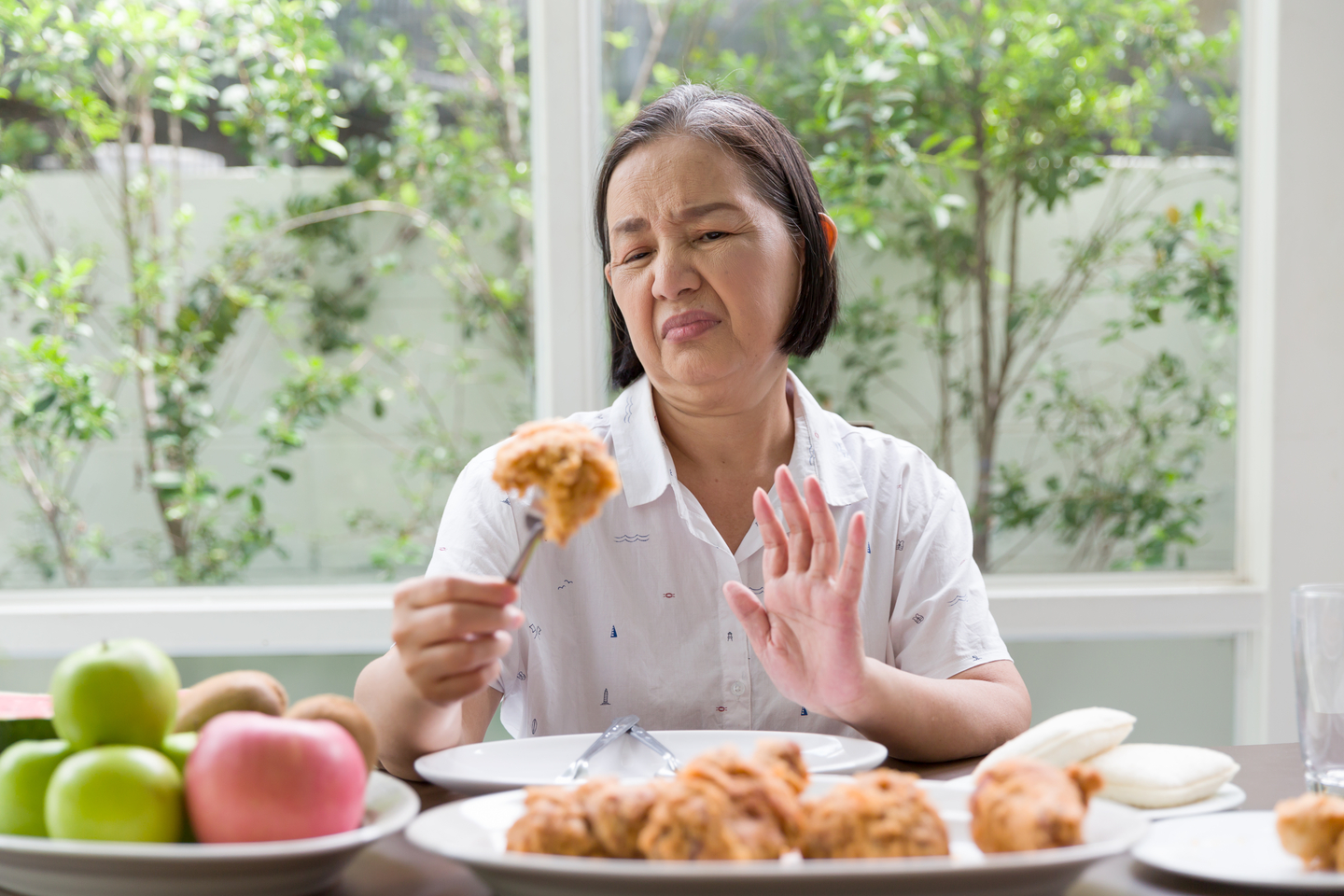 Senior,asian,woman,don't,like,fried,chicken.,elderly,asian,woman