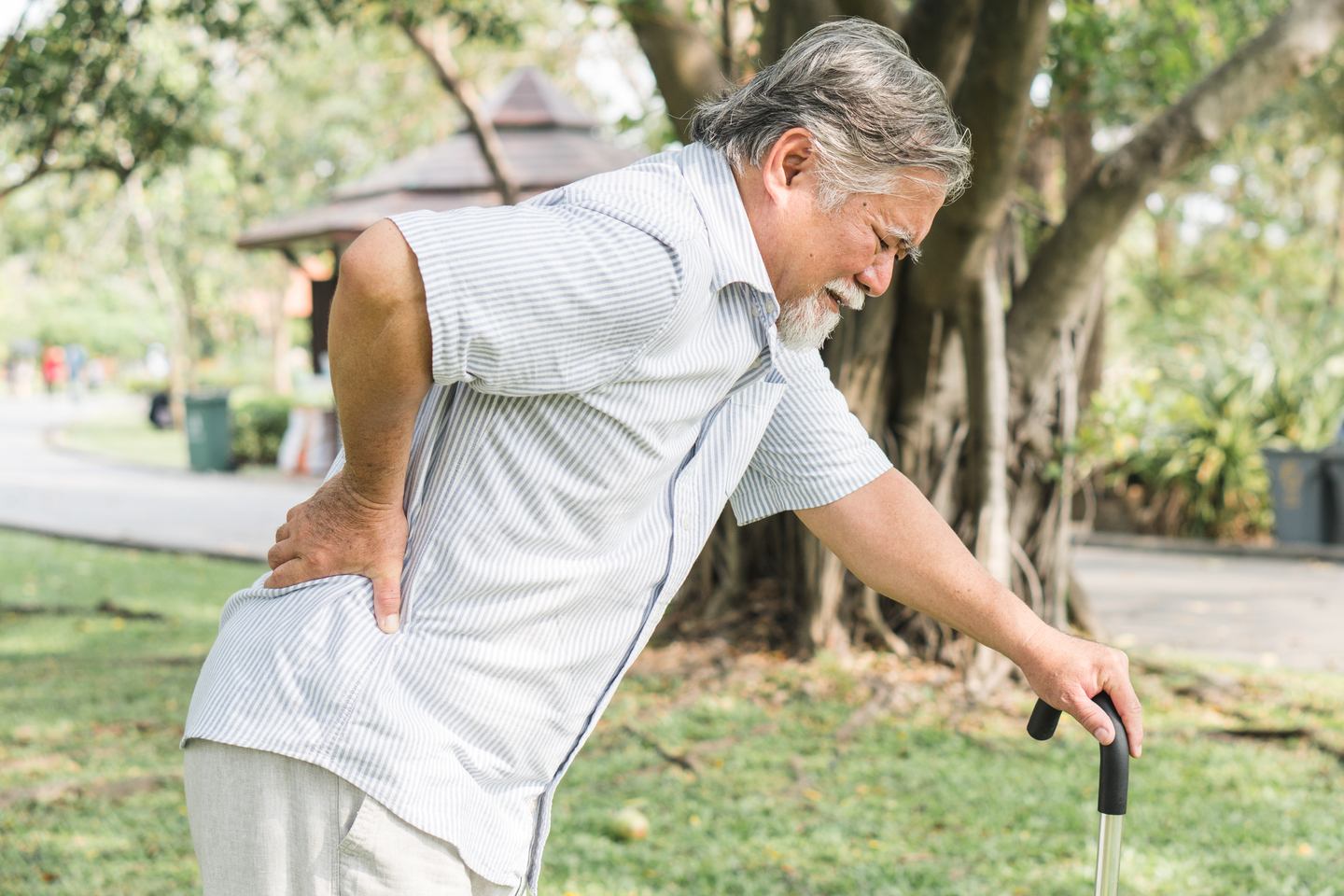 Asian,elderly,having,pain,on,his,back.