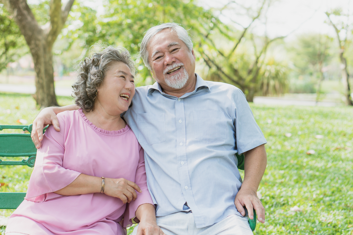 Asian,healthy,senior,couple,relaxing,seated,in,the,park,together.